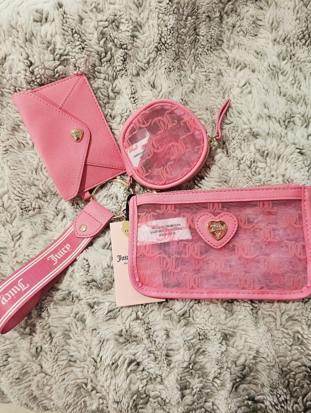 4Piece Juicy Couture Hot Pink Mesh Wristlet, Coin Case, Card Holder & Keychain!